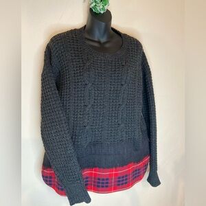 Madewell~ Wintermix Gray 100% Wool Cable Knit Ombré Sweater w/Red Plaid~Size L